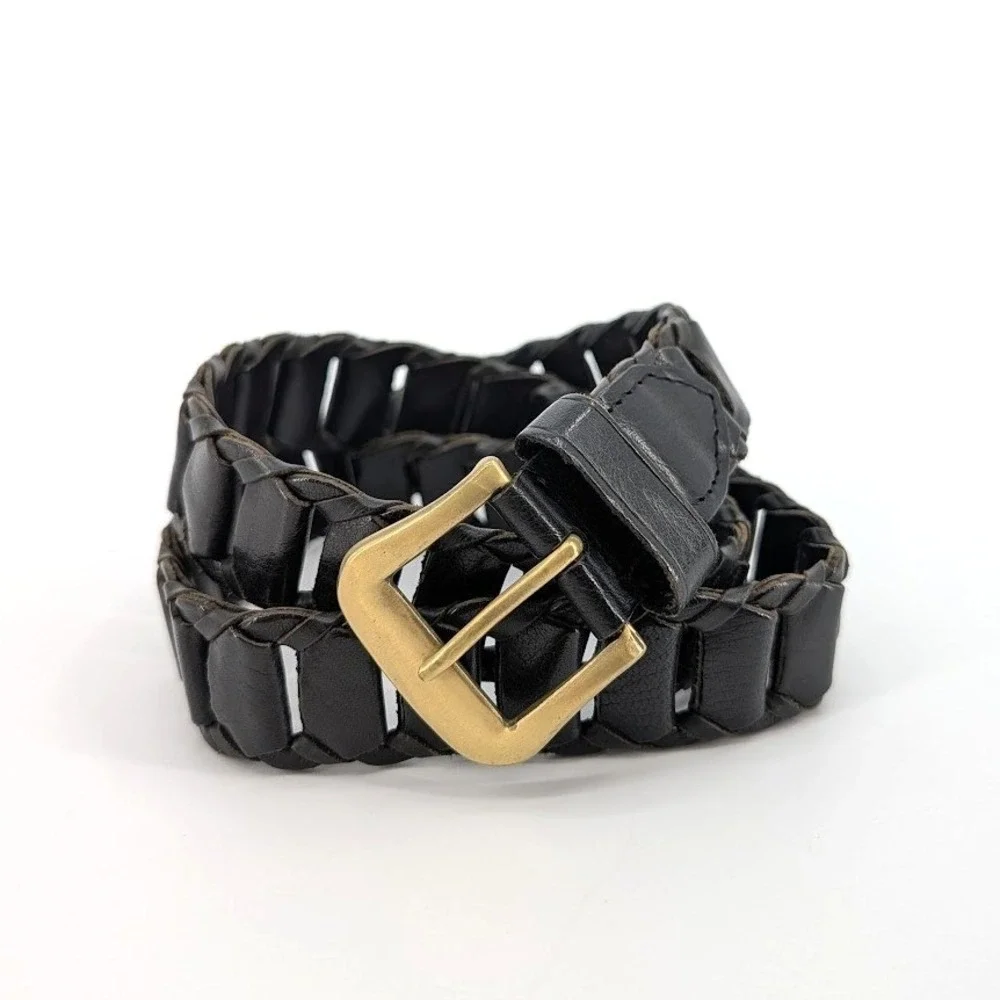 Bohemian Genuine Leather Black Open Weave Link Belt Brass Buckle Size‎ S/M Boho
